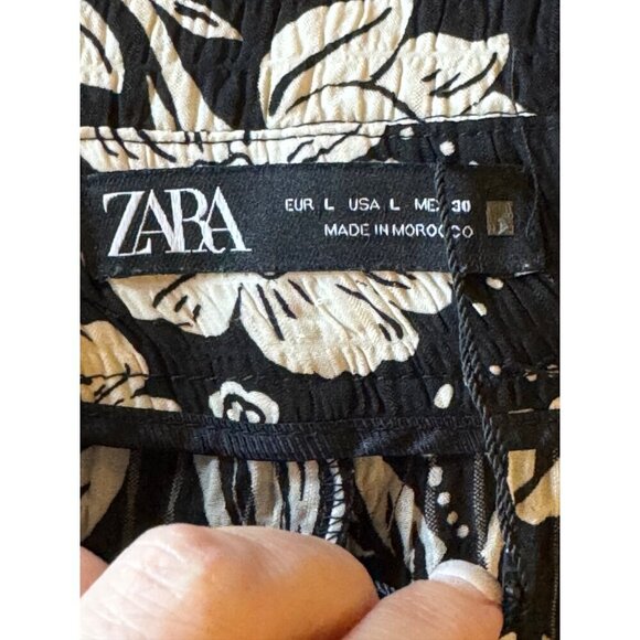 Zara Pants Women Large Black Ivory Floral Print Slightly Sheer Wide Leg Boho - Picture 10 of 12